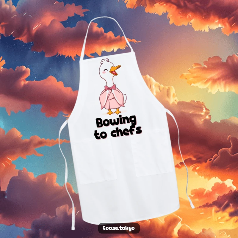 Funny apron with an elegant goose in a pink kimono bowing gracefully, ideal for kitchen humor and stylish cooking.