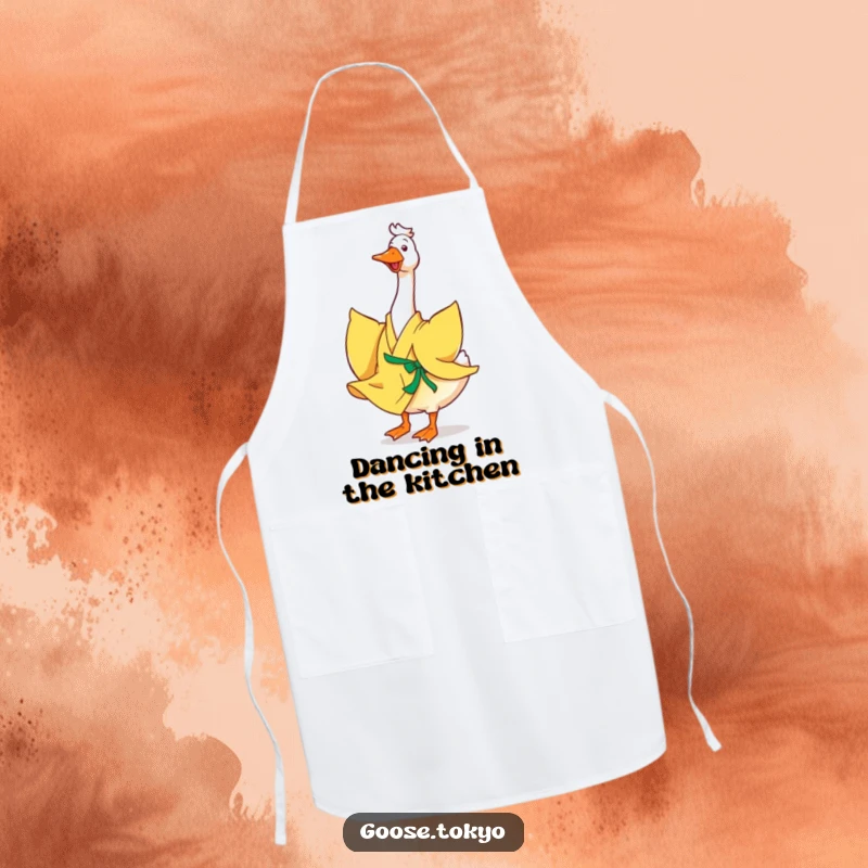 Funny goose apron, a happy goose in a flowing yellow kimono joyfully twirling, perfect for cooking or baking with a cheerful spirit.