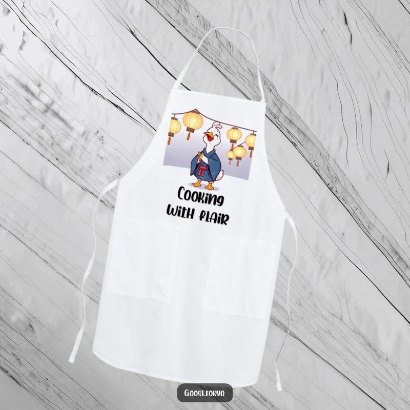 Funny goose apron of a joyful goose in a blue kimono clapping near illuminated paper lanterns, ideal for a funny cook at parties.