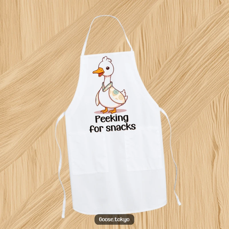 Funny goose apron, a charming goose playfully peeking from behind a patterned kimono, perfect for cooking or baking with a humorous twist.