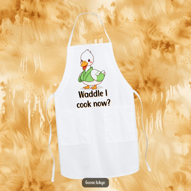 Funny goose apron featuring a playful goose in a green patterned kimono waddling, great for a humorous cooking experience.