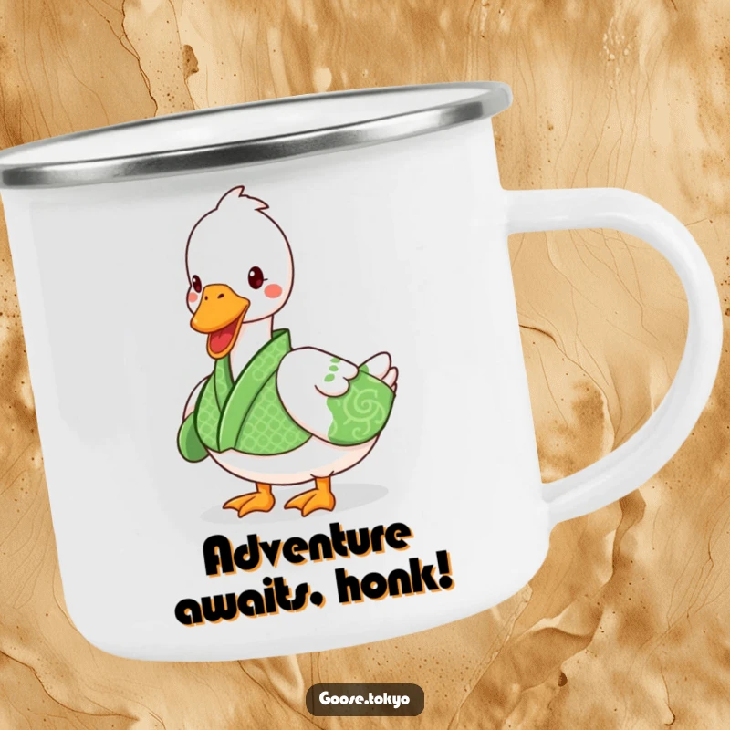 Funny goose camping mug with a playful goose in a green patterned kimono waddling, perfect for outdoor humor.