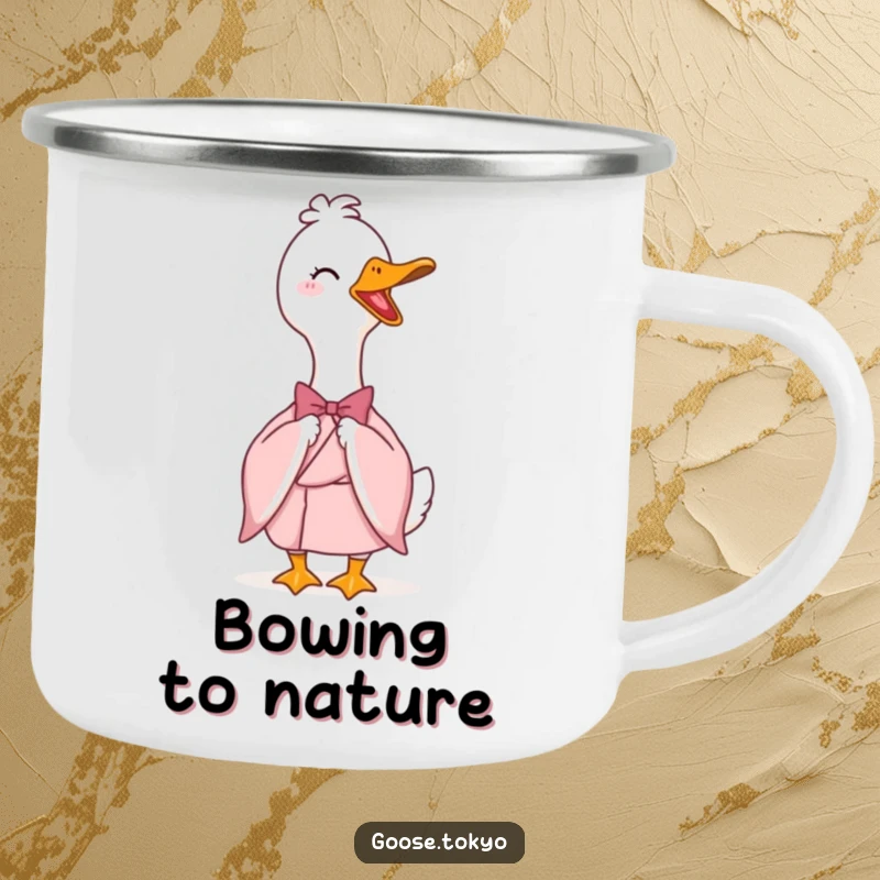 Funny camping mug showcasing an elegant goose in a pink kimono bowing gracefully, perfect for outdoor humor and hot beverages.