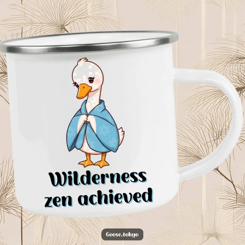 Funny camping mug featuring a graceful goose in a blue patterned kimono, bowing slightly, perfect for hot beverages outdoors.