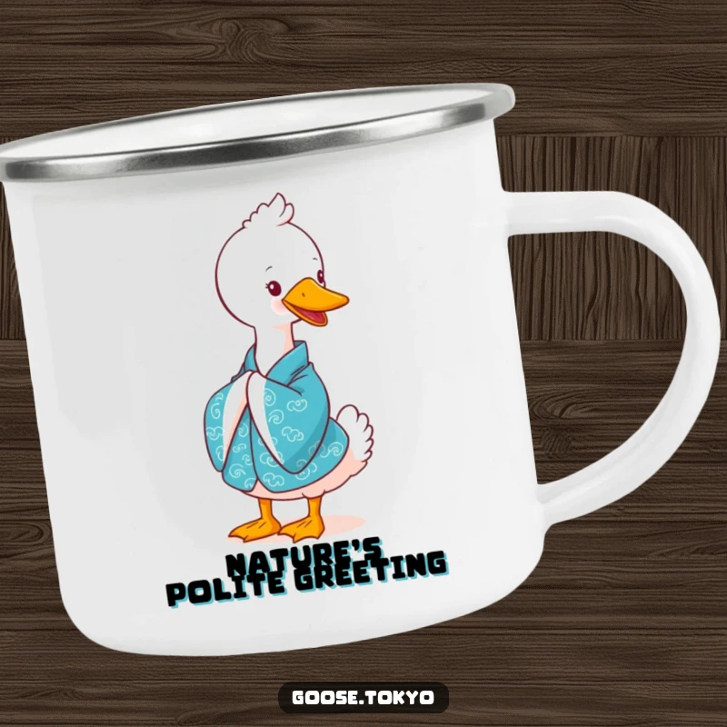 Funny goose camping mug, a cute goose in a vibrant blue kimono bowing gracefully with a smile, durable and portable for outdoor use.