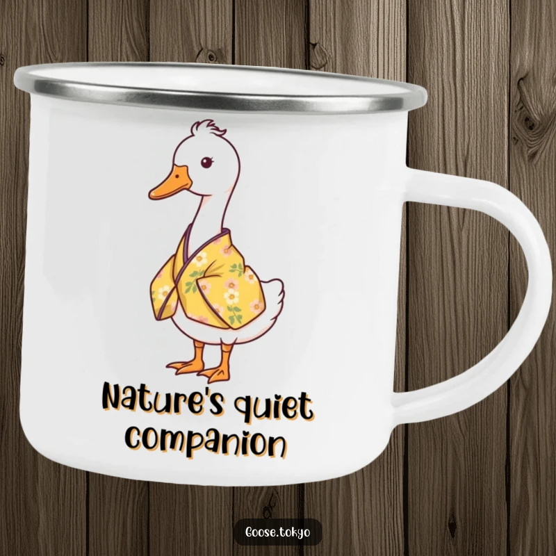 Funny goose camping mug featuring a serene goose standing still in a yellow floral kimono, perfect for calm outdoor moments.