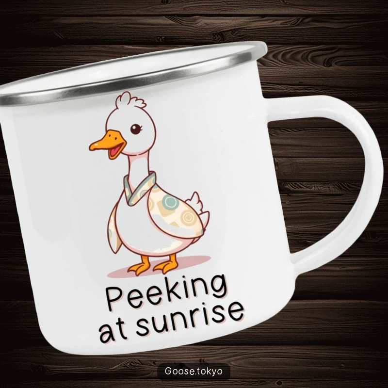 Funny goose camping mug, a charming goose playfully peeking from behind a patterned kimono, durable and portable for outdoor use.