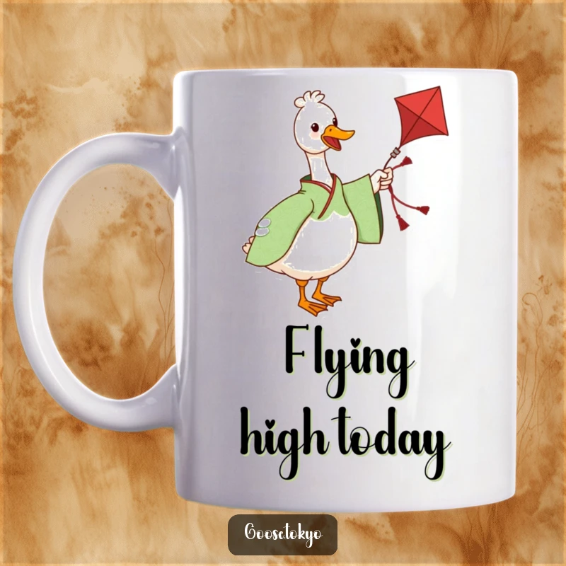 Funny mug featuring a charming goose in a green patterned kimono twirling a decorative kite with a joyful expression.