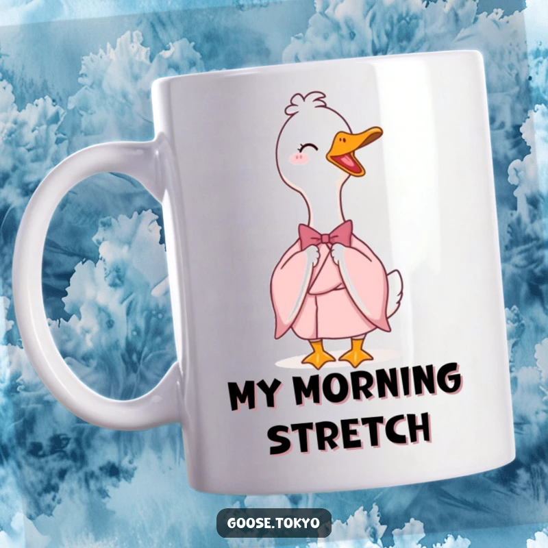 Funny mug featuring a happy goose in a light pink kimono bowing gracefully with a flourish, exuding charm and humor.