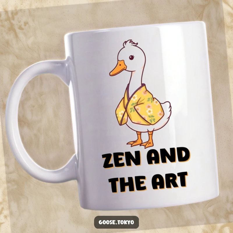 Funny goose mug with a serene goose standing still in a yellow floral kimono, a calming yet humorous gift.