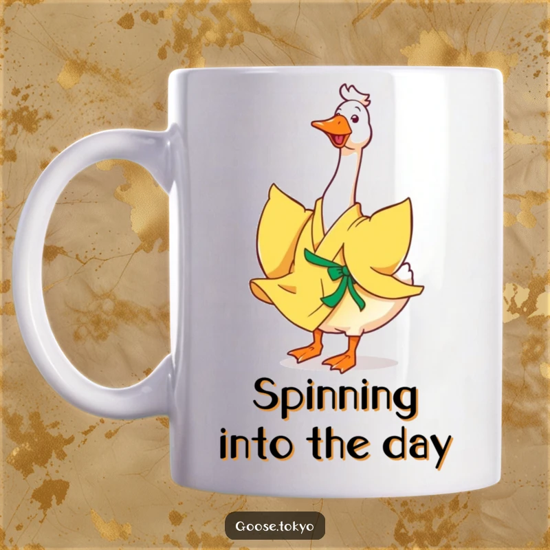 Funny goose kimono mug, a happy goose in a flowing yellow kimono joyfully twirling, radiating pure delight and energy.