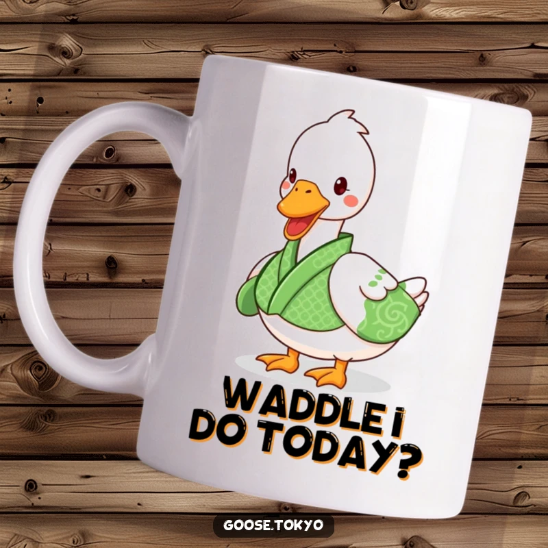 Funny goose mug featuring a playful goose in a green patterned kimono waddling with joy, perfect for a humorous gift.