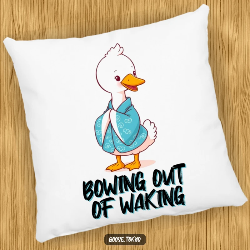 Funny goose pillow, a cute goose in a vibrant blue kimono bowing gracefully with a smile, a soft and decorative accent.