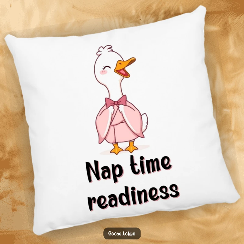 Funny pillow featuring a happy goose in a light pink kimono bowing elegantly, perfect for adding humorous comfort and style to any room.