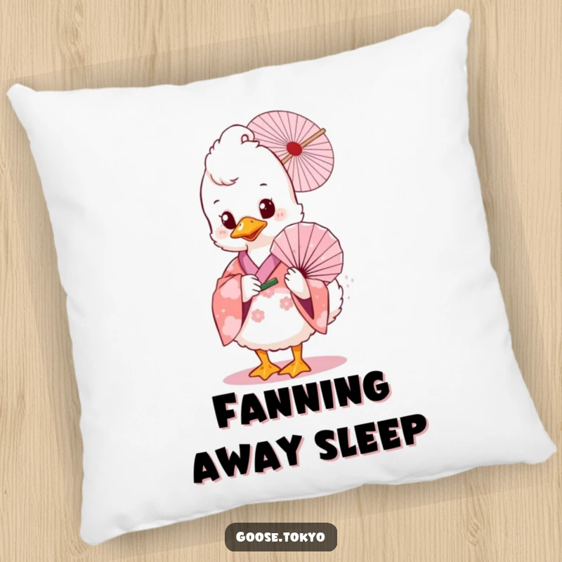 Funny goose pillow, a fluffy goose in a pink floral kimono holding a delicate fan, a soft and decorative addition to any room.