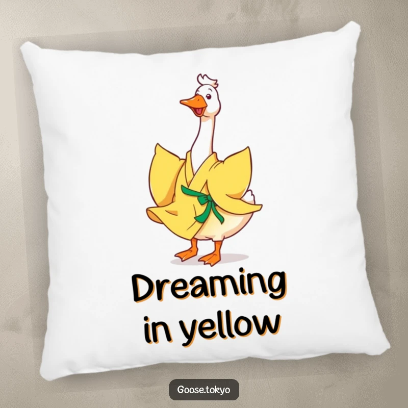 Funny goose pillow, a happy goose in a flowing yellow kimono joyfully twirling, a soft and decorative accent filled with joy.