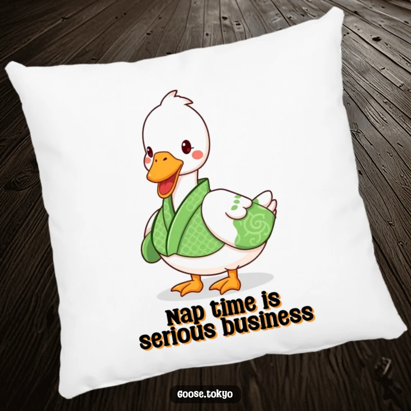 Funny goose pillow with a playful goose in a green patterned kimono waddling, perfect for adding humor to any room.