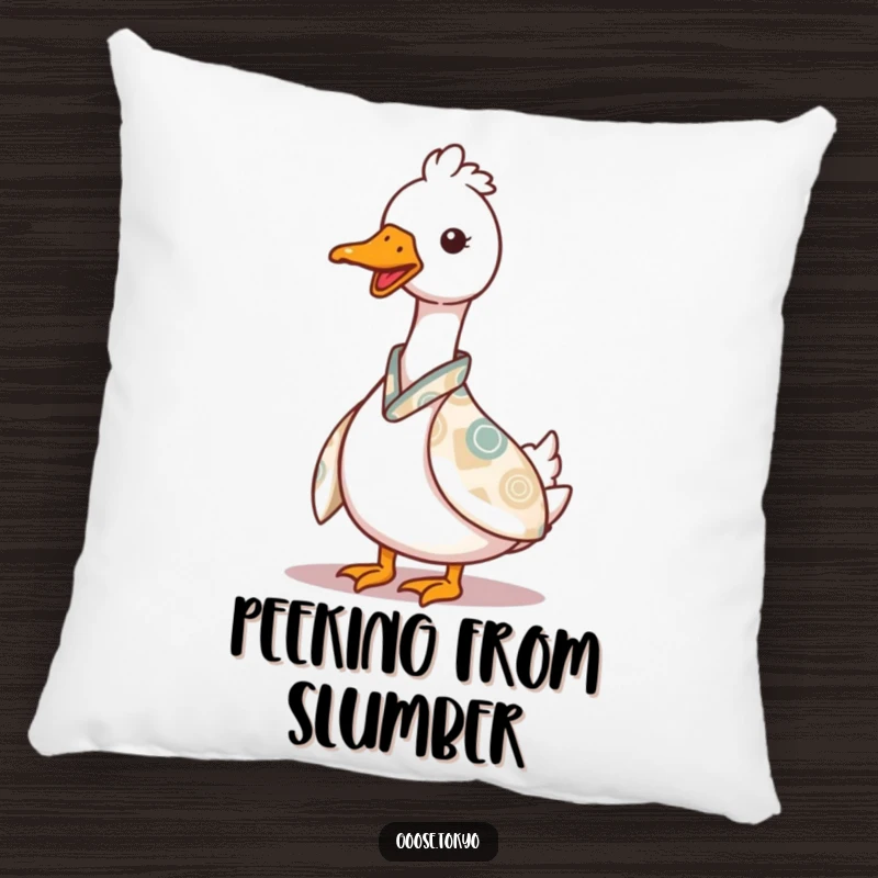 Funny goose pillow, a charming goose playfully peeking from behind a patterned kimono, a soft and decorative addition to any room.