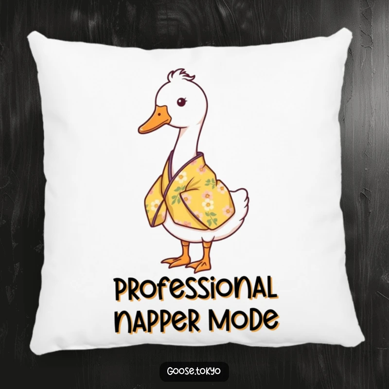 Funny goose pillow with a serene goose standing still in a yellow floral kimono, perfect for a calm, humorous touch.