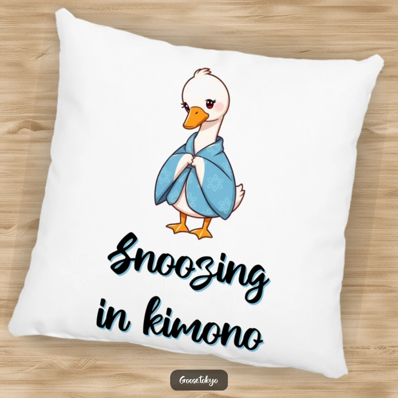 Funny pillow featuring a graceful goose in a blue patterned kimono, offering a gentle bow, perfect for adding comfort and style.