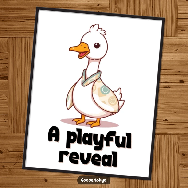 Funny goose digital art print, a charming goose playfully peeking from behind a patterned kimono, high-resolution and instantly downloadable.