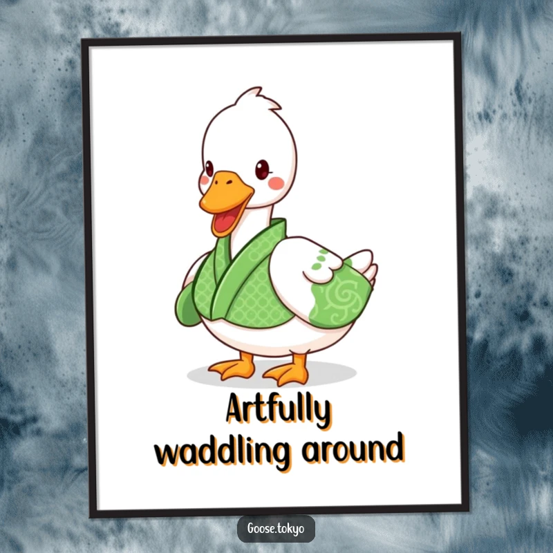Funny goose digital art print of a playful goose in a green patterned kimono waddling, ready for humorous display.