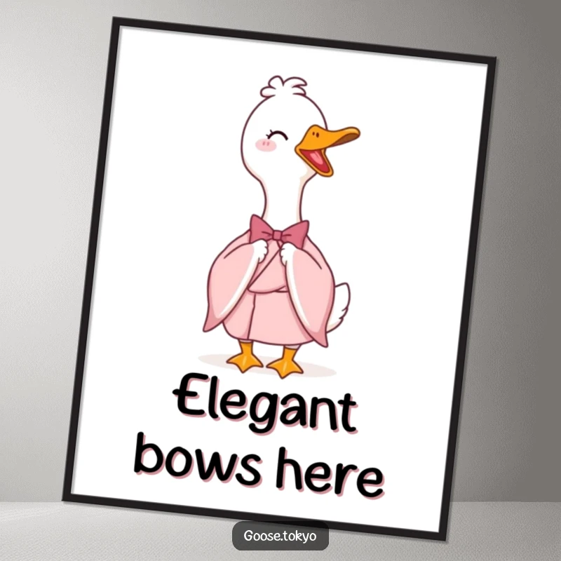 Funny digital art print of an elegant goose in a pink kimono bowing with a flourish, adding humorous sophistication to any digital display.