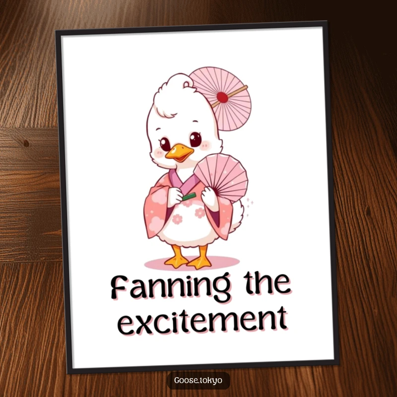 Funny goose digital art print, a fluffy goose wearing a pink floral kimono, holding a delicate fan, high-resolution and instantly downloadable.