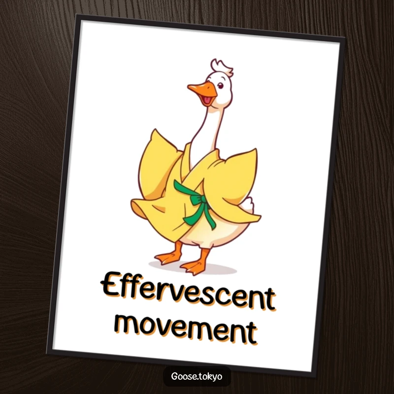 Funny goose digital art print, a happy goose in a flowing yellow kimono joyfully twirling, high-resolution and instantly downloadable.