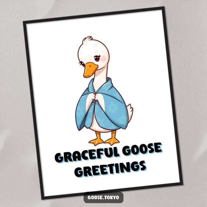 Funny digital art print of a graceful goose in a blue patterned kimono, bowing slightly, perfect for instant download.