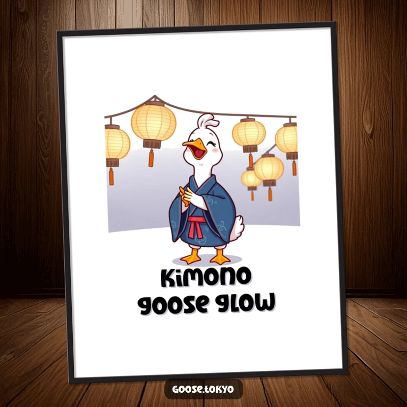 Funny goose digital art of a joyful goose in a blue kimono clapping near illuminated paper lanterns, perfect for printable wall art.