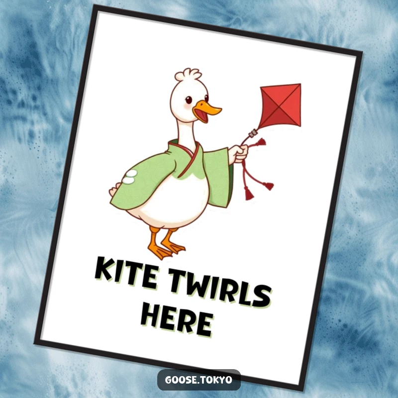 Funny digital art print of a charming goose in a green patterned kimono twirling a kite, bringing playful humor to any digital display.