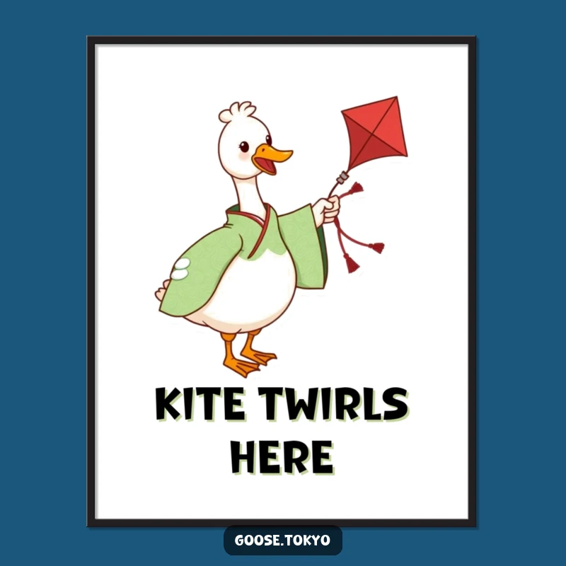 Funny Goose Kite Art Print - Green Kimono Charm, Instant Humorous Decor