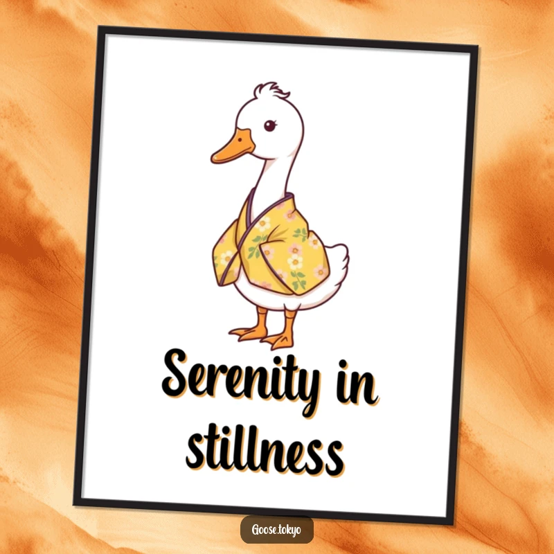 Funny goose digital art print of a serene goose standing still in a yellow floral kimono, perfect for peaceful decor.