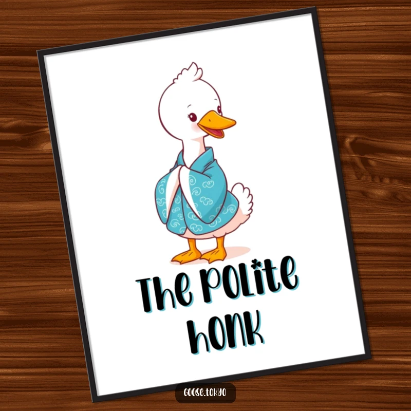 Funny goose digital art print, a cute goose in a vibrant blue kimono bowing gracefully with a smile, high-resolution and instantly downloadable.