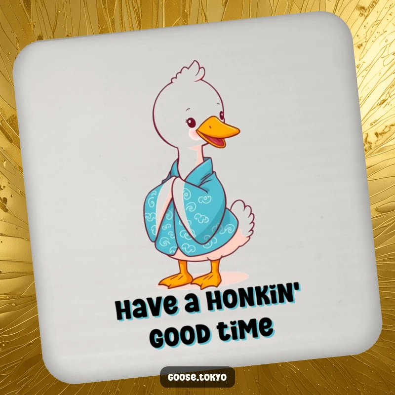 Funny goose drink coaster, a cute goose in a vibrant blue kimono bowing gracefully with a smile, protecting surfaces with charm.