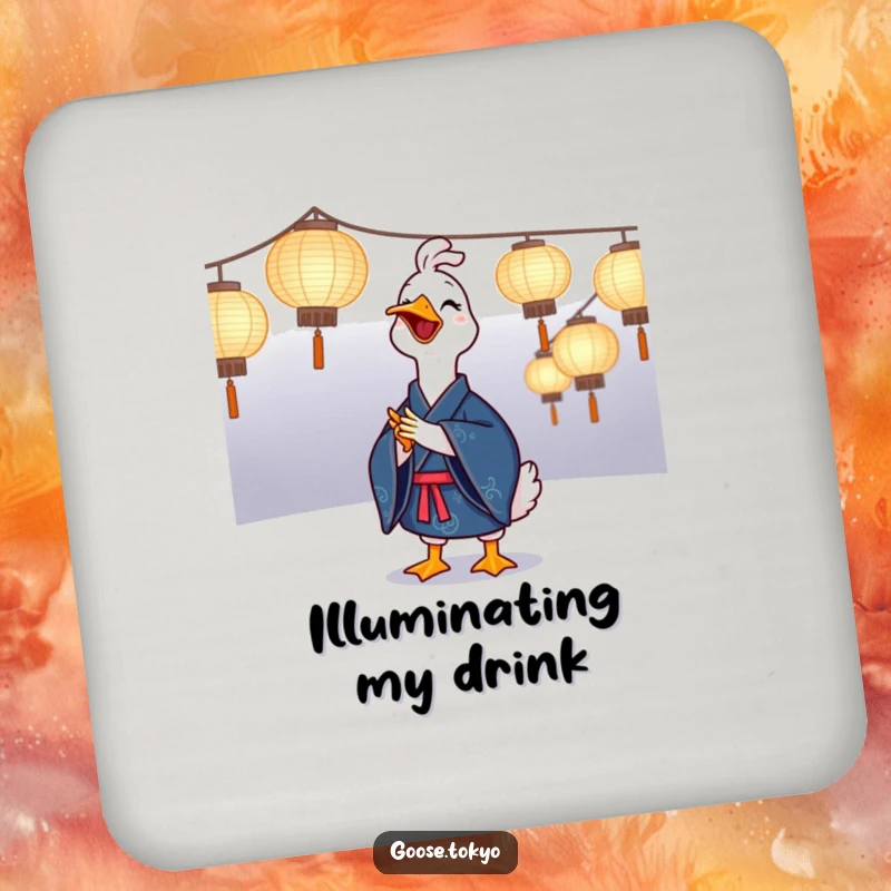 Funny goose coaster featuring a joyful goose in a blue kimono clapping near illuminated paper lanterns, a humorous and festive accessory.