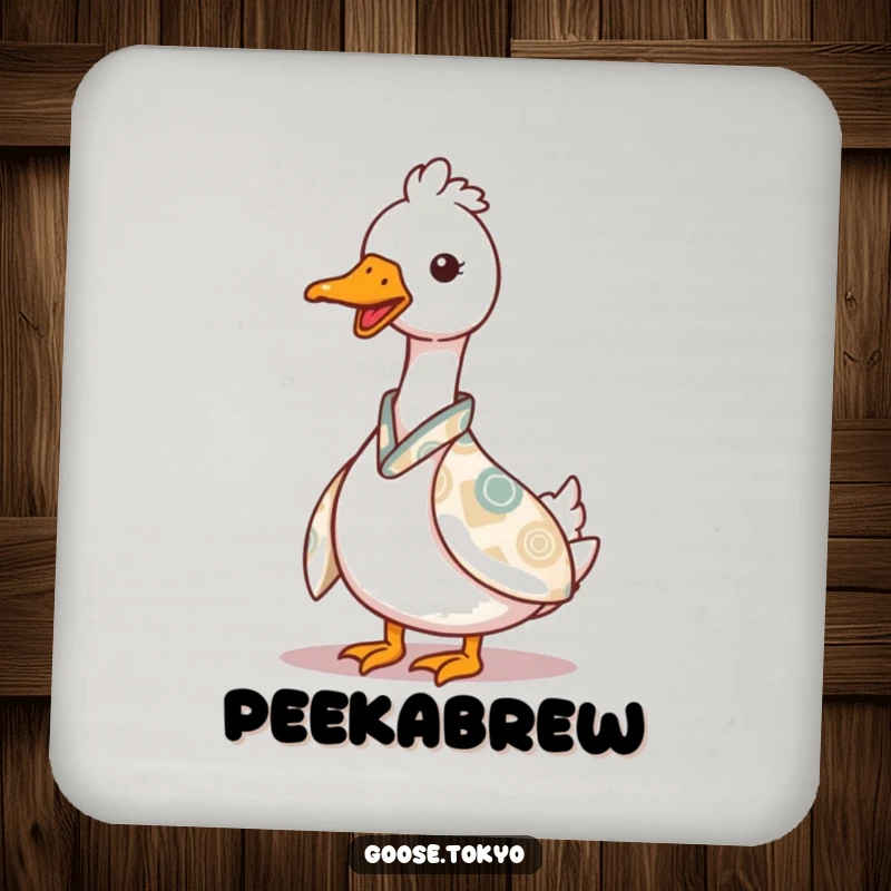 Funny goose drink coaster, a charming goose playfully peeking from behind a patterned kimono, protecting surfaces with humor and style.