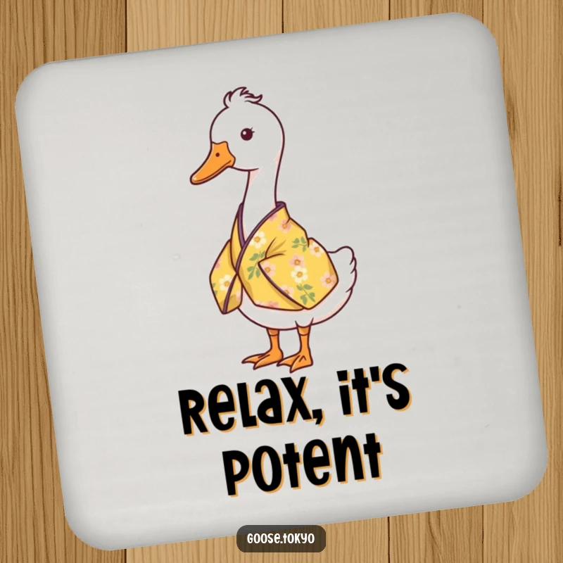 Funny goose drink coaster with a serene goose standing still in a yellow floral kimono, adding peaceful humor.