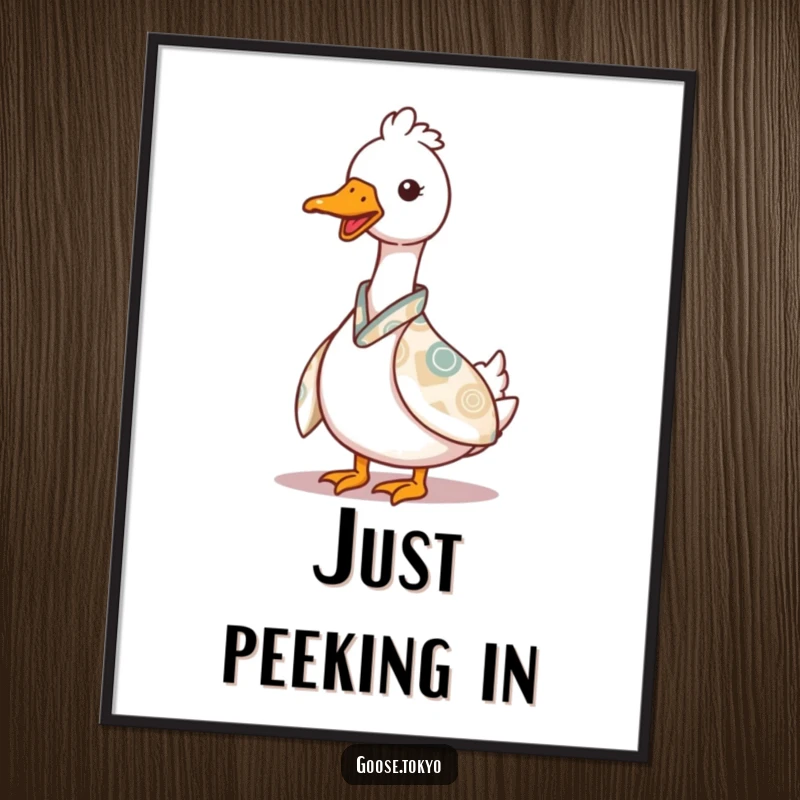 Funny goose art print, a charming goose playfully peeking from behind a patterned kimono, adding a touch of mischief and cuteness.
