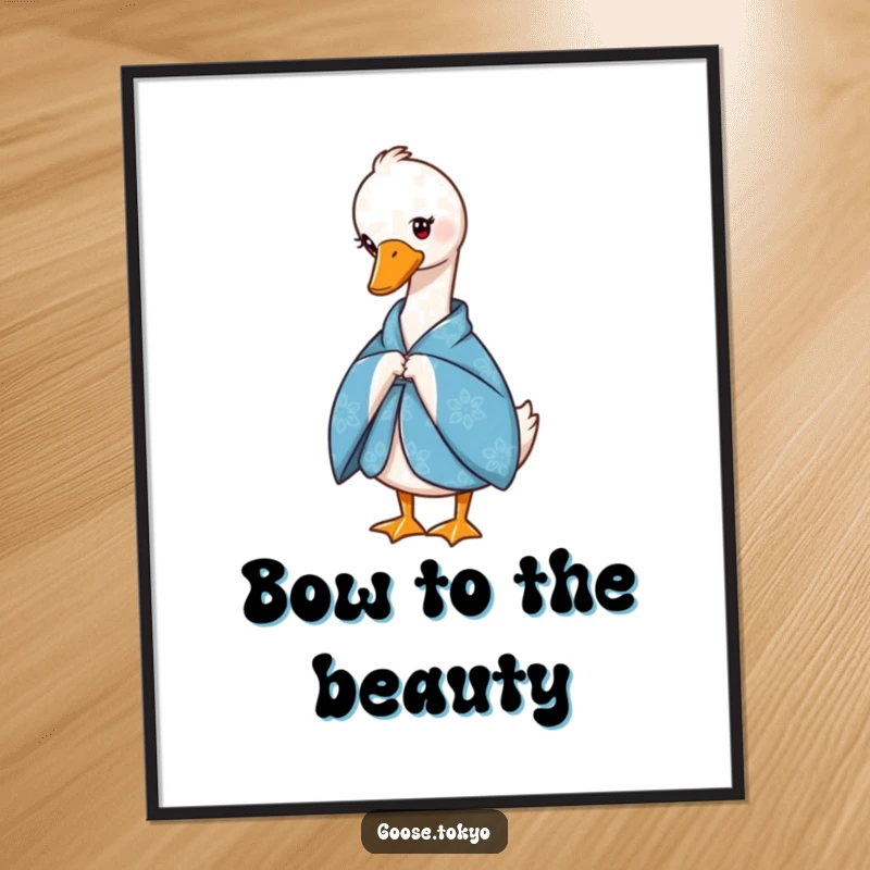 Funny poster of a dignified goose in a blue patterned kimono, performing a graceful bow, adding elegance to wall decor.