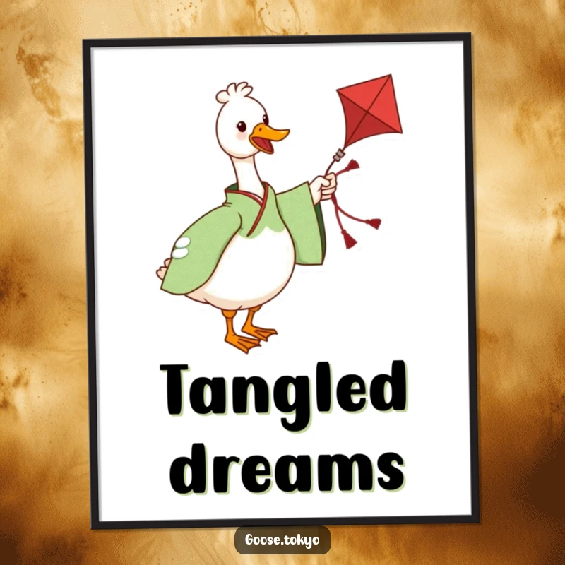 Funny poster art of a charming goose in a green patterned kimono twirling a kite, bringing playful vibes and humor to any space.