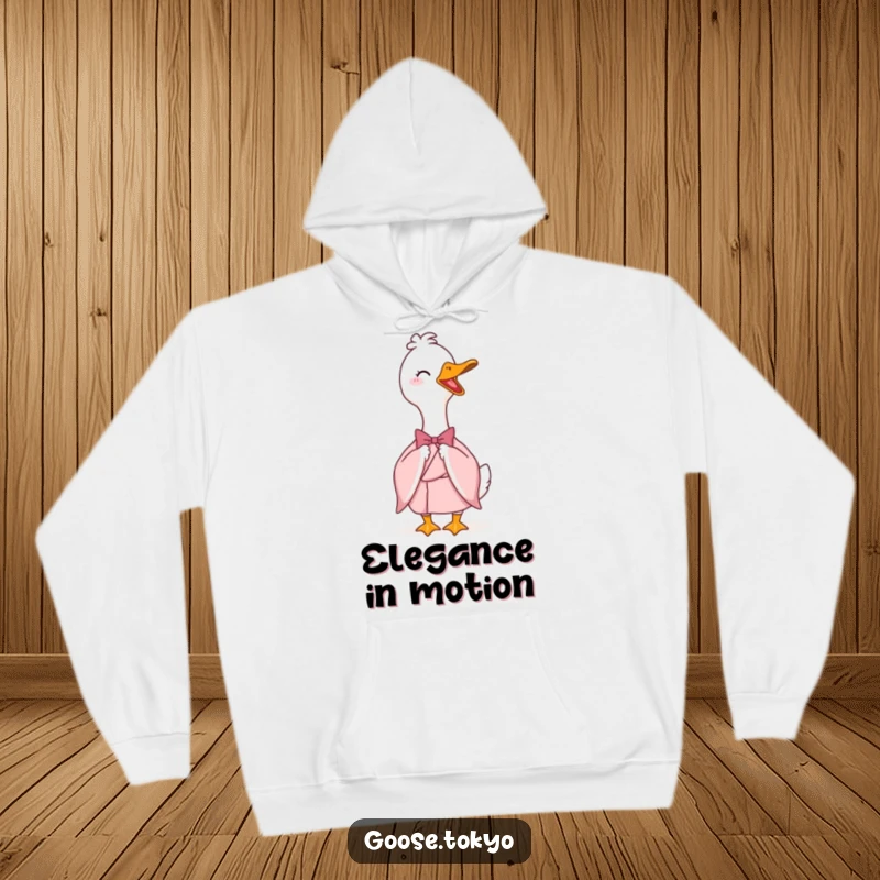 Funny hoodie with a happy goose in a light pink kimono bowing elegantly, offering a blend of cozy comfort and humorous art.