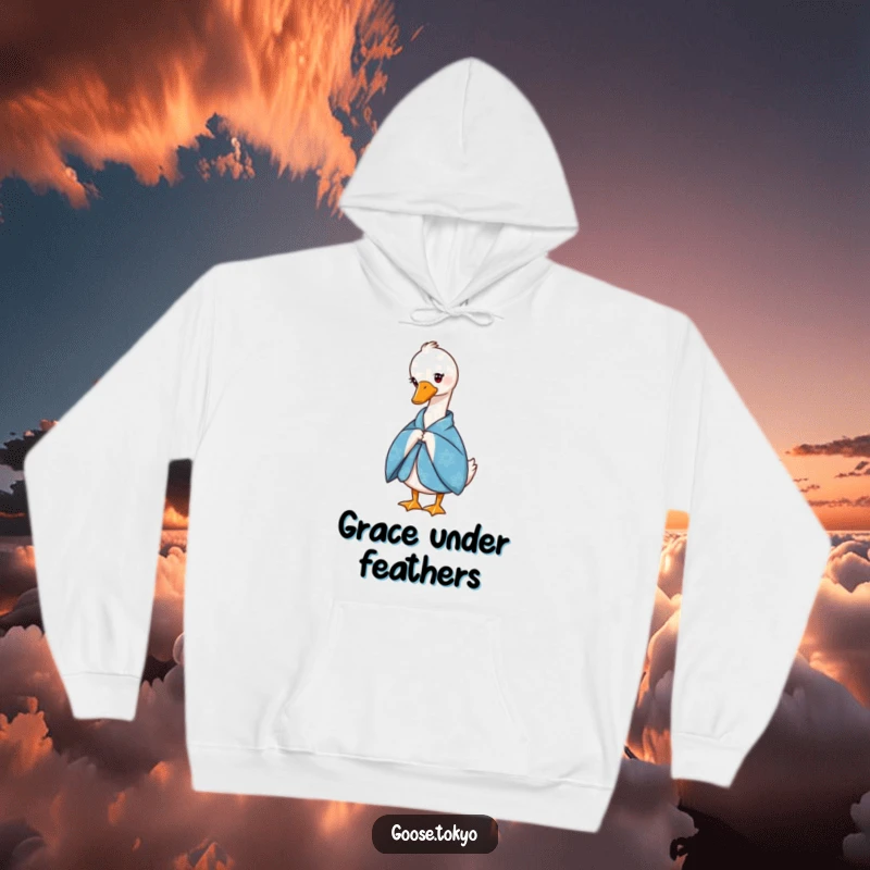 Funny hoodie featuring a graceful goose in a blue patterned kimono, offering a subtle bow, perfect for cozy, elegant lounging.