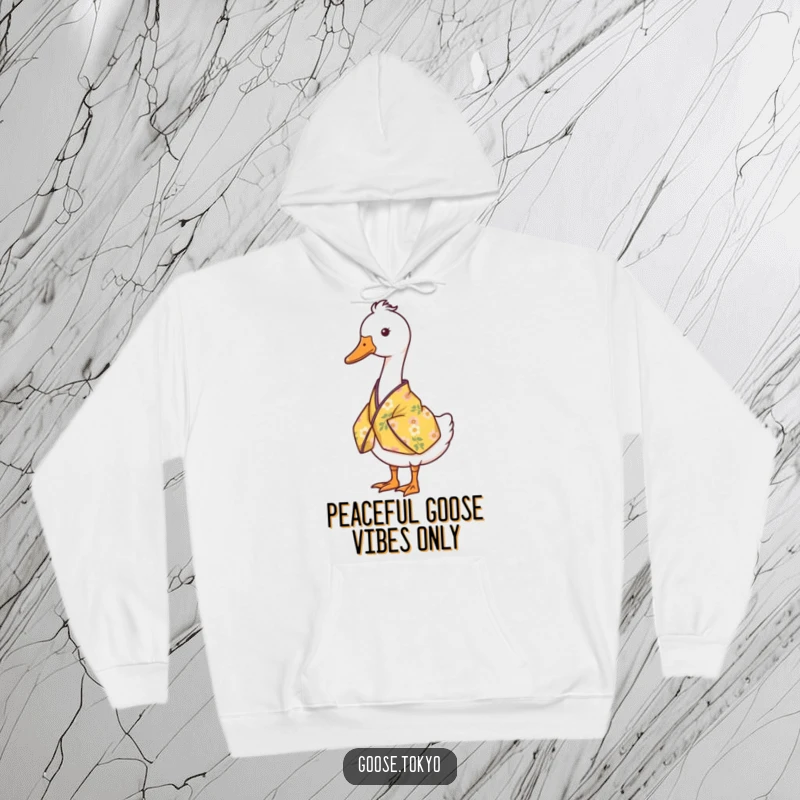 Funny goose hoodie with a serene goose standing still in a yellow floral kimono, a comforting funny gift.