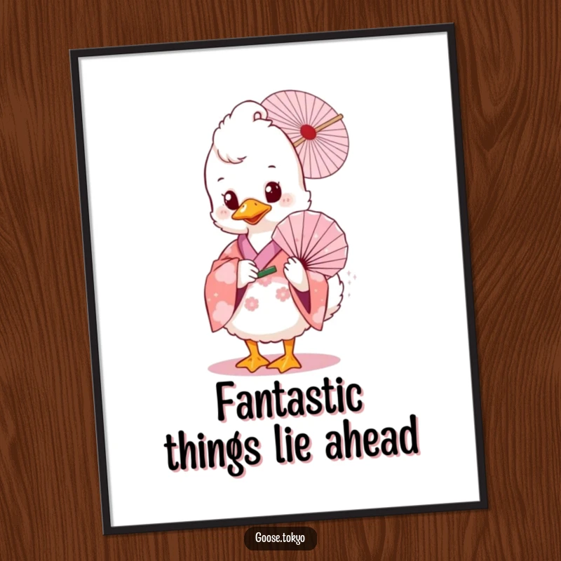 Funny Free Printable Wall Art: A fluffy goose in a pink floral kimono holds a delicate fan, creating an elegant and humorous scene.