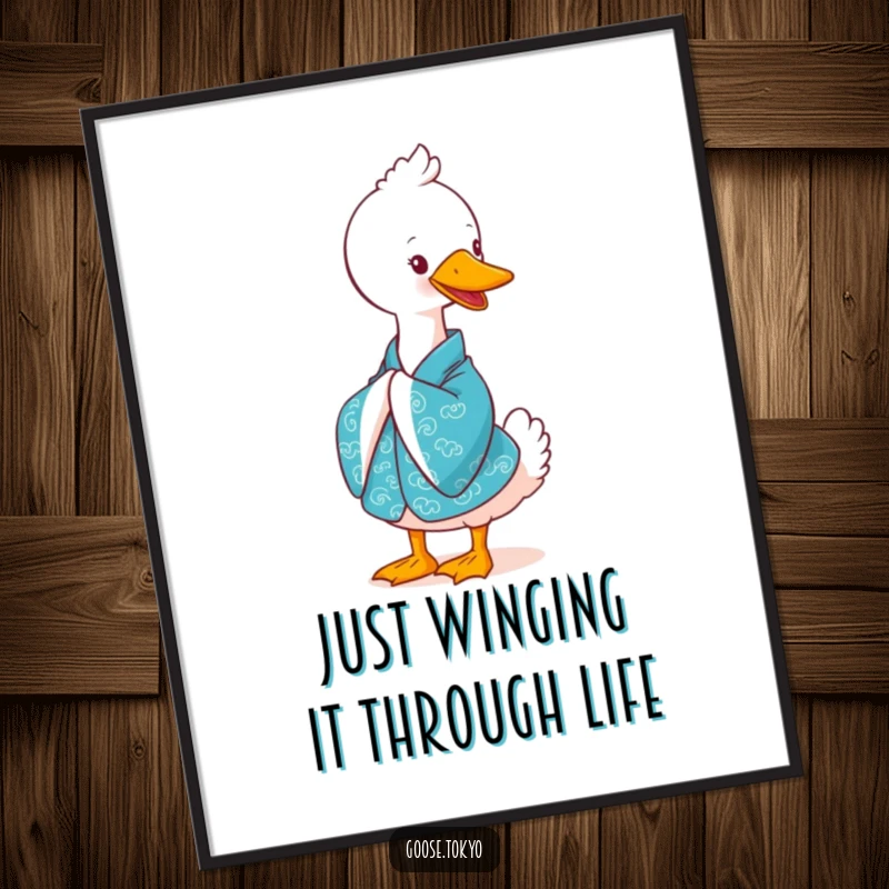 Funny Free Printable Wall Art: A cute goose in a blue kimono bowing gracefully with a pleasant smile, adding a touch of whimsy.