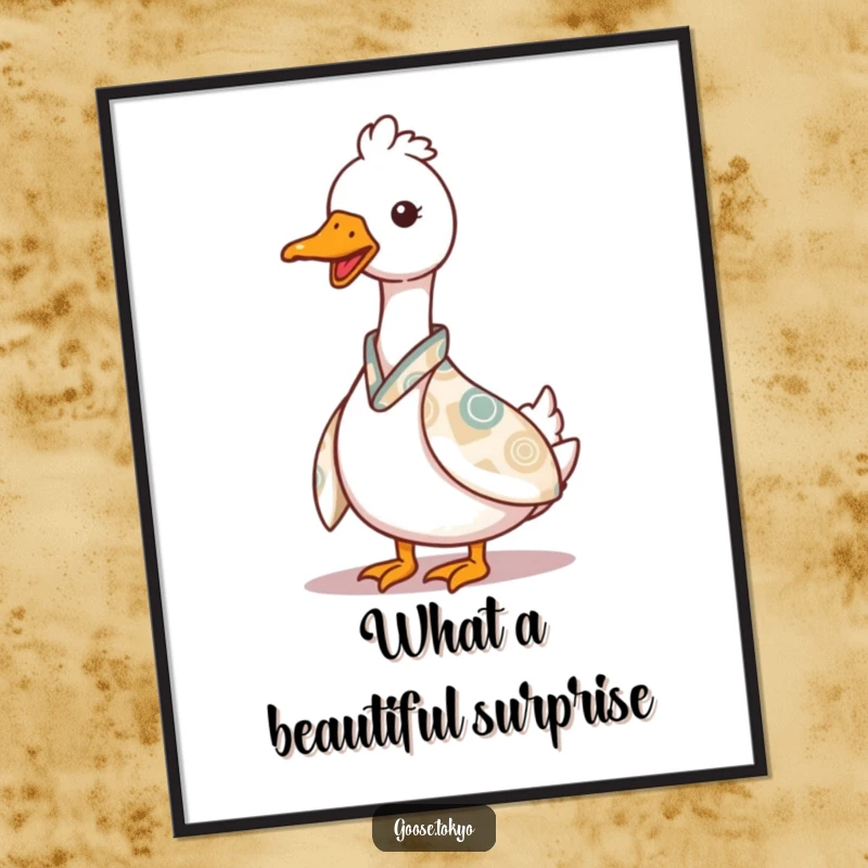Funny Free Printable Wall Art: A charming goose wearing a patterned kimono playfully peeks from behind its folds, creating a whimsical scene.