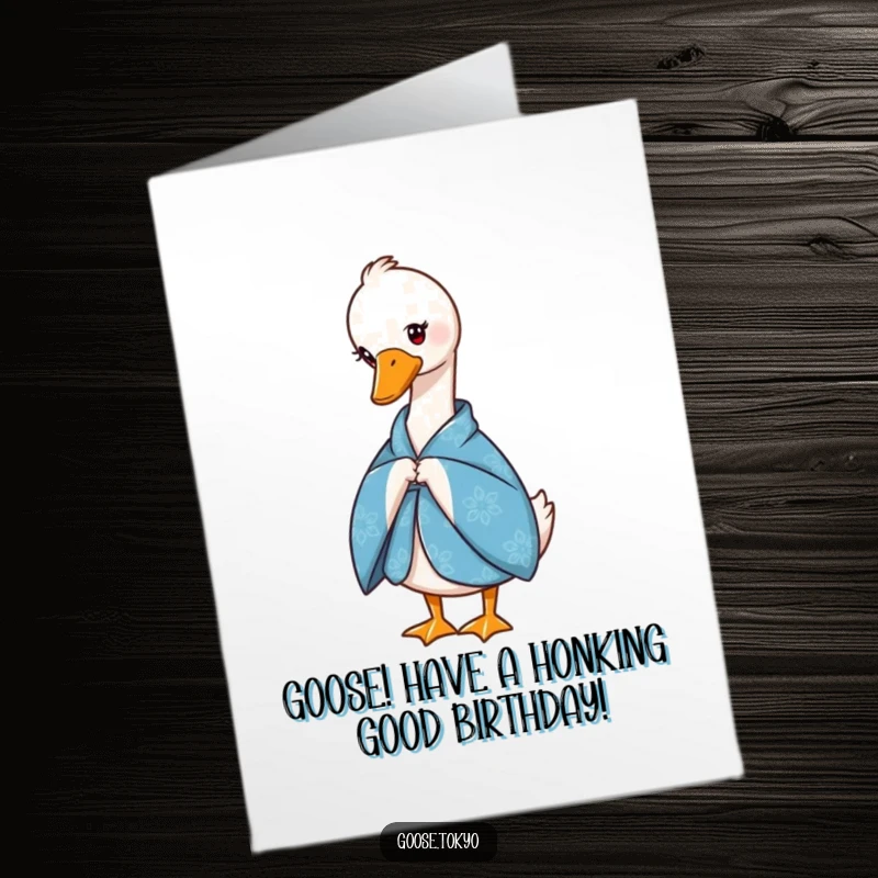 Funny Free Printable Birthday Card: Graceful goose wearing a blue patterned kimono, bowing politely with serene elegance.