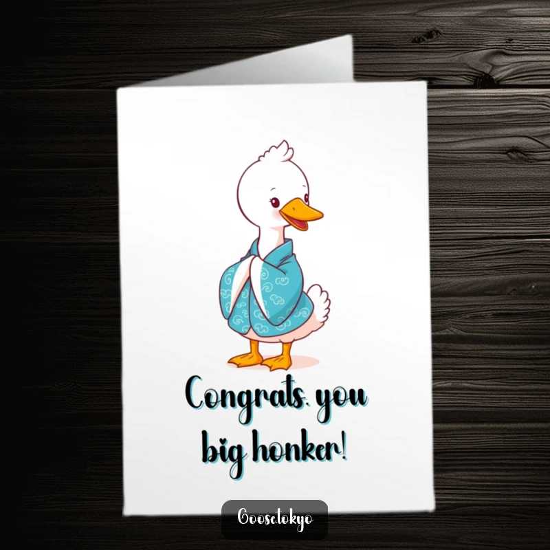 Funny Free Printable Congrats Card: A cute goose in a stylish blue kimono performs a graceful bow with a friendly smile, full of charm.